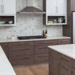 dark stained and white kitchen cabinets