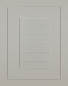 An image of a light grey cabinet with two frames around horizontal middle paneling.