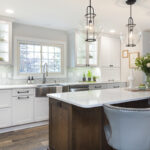 dark stained and White kitchen cabinets