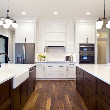dark stained and white kitchen cabinets