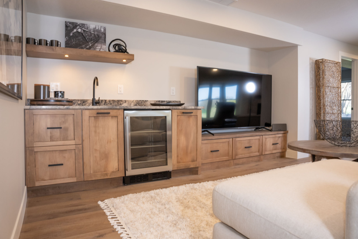 Entertainment center with tv and wine cooler in maple Cashew