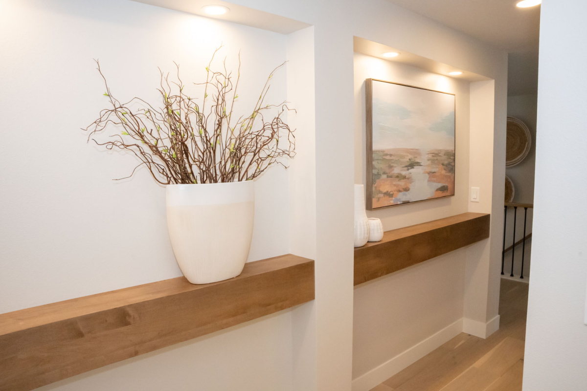 Mantle shelves in a hallway