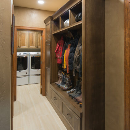Dark stained Mud room cabinets