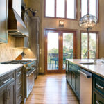 Navy and Dark stained kitchen cabinets
