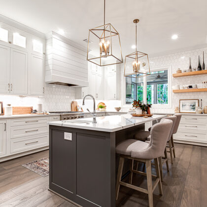 White and gray kitchen cabients