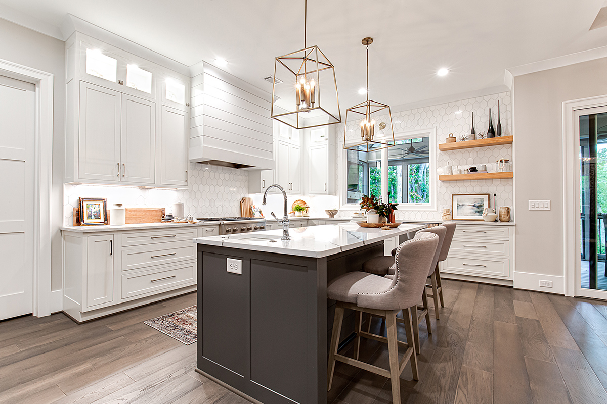 White and gray kitchen cabients