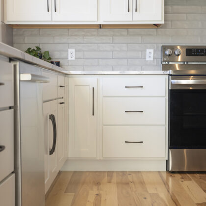 White and gray kitchen cabinets