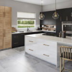 Natural, black and white kitchen cabinets
