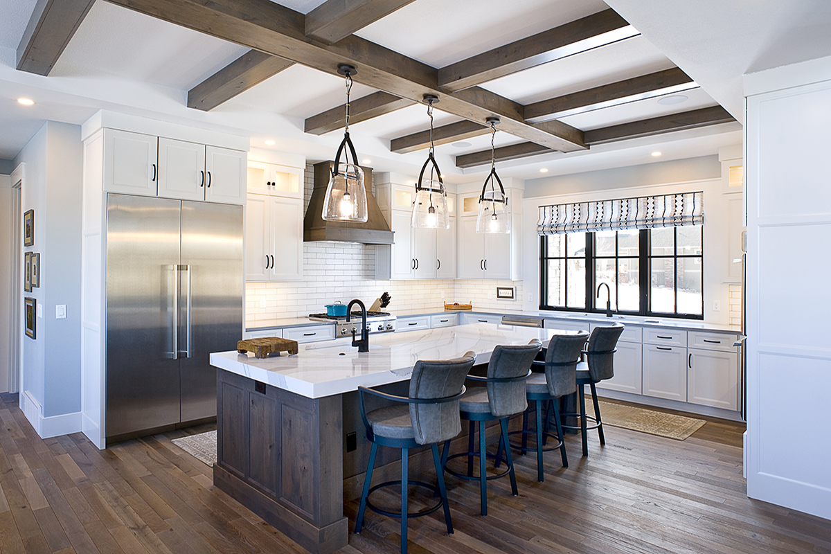 dark stained and white kitchen cabinets