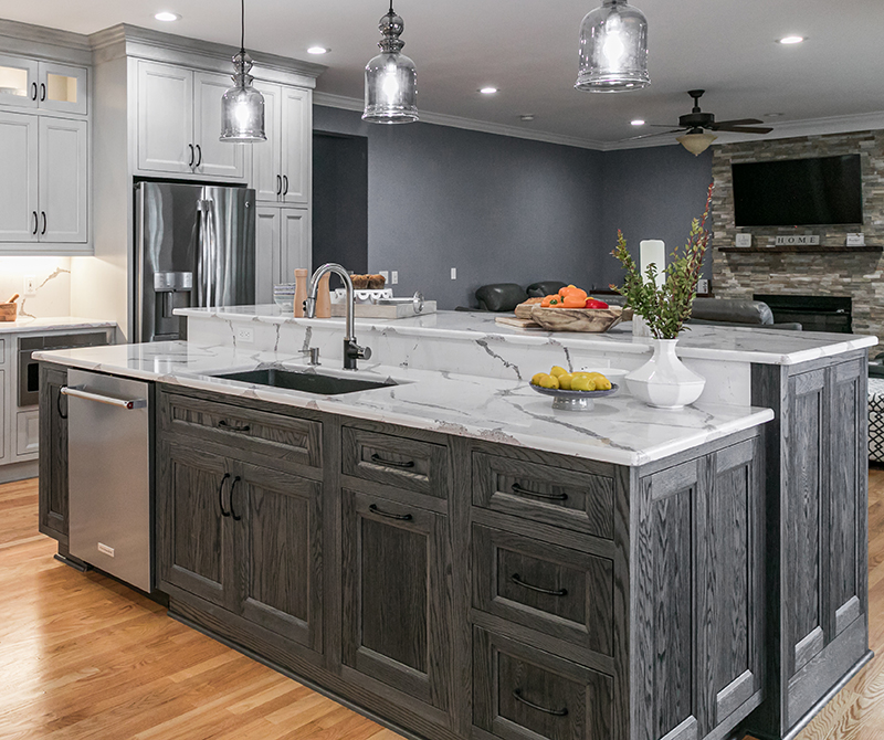 Gray stained and gray kitchen cabinets