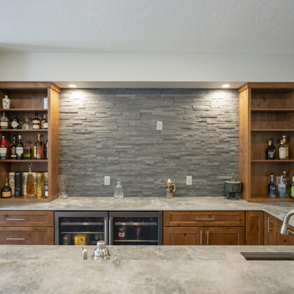 Warm stained bar cabinets