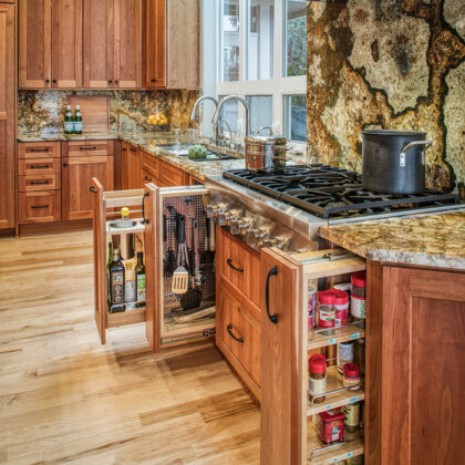 warm stained kitchen cabinets