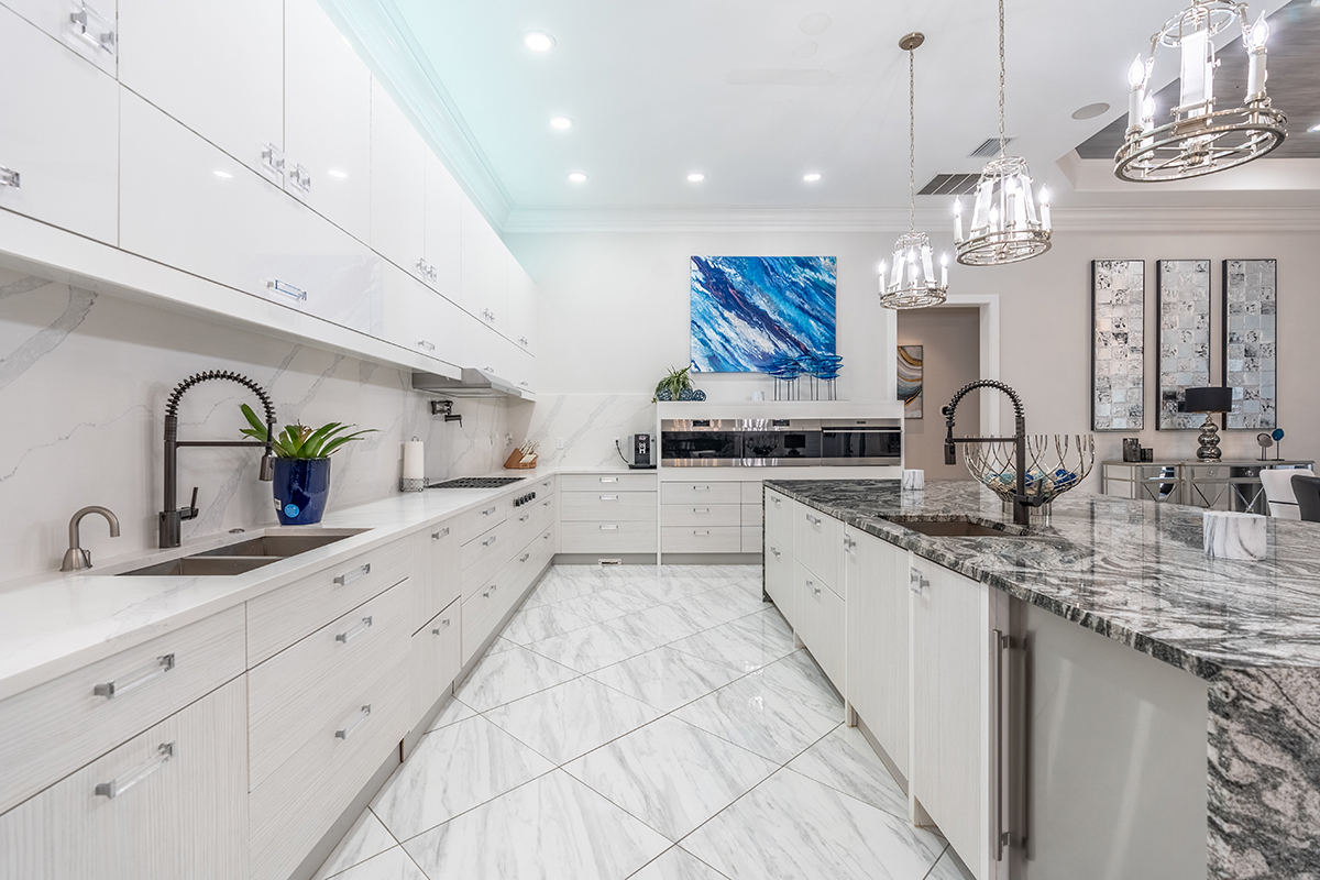 White textured kitchen cabinets