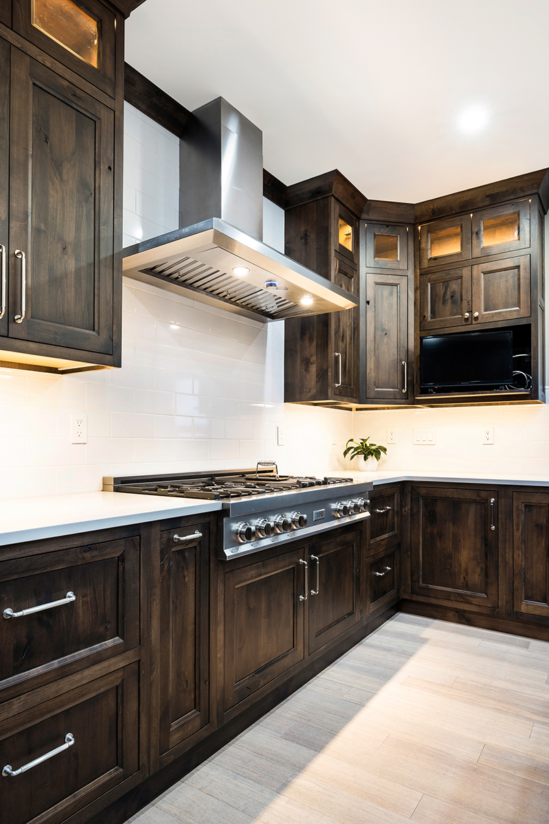Brown stained kitchen cabinets