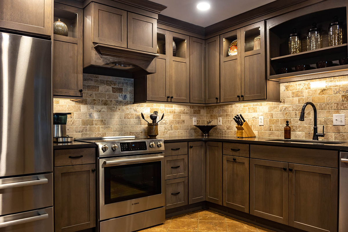 Dark stained kitchen cabinets