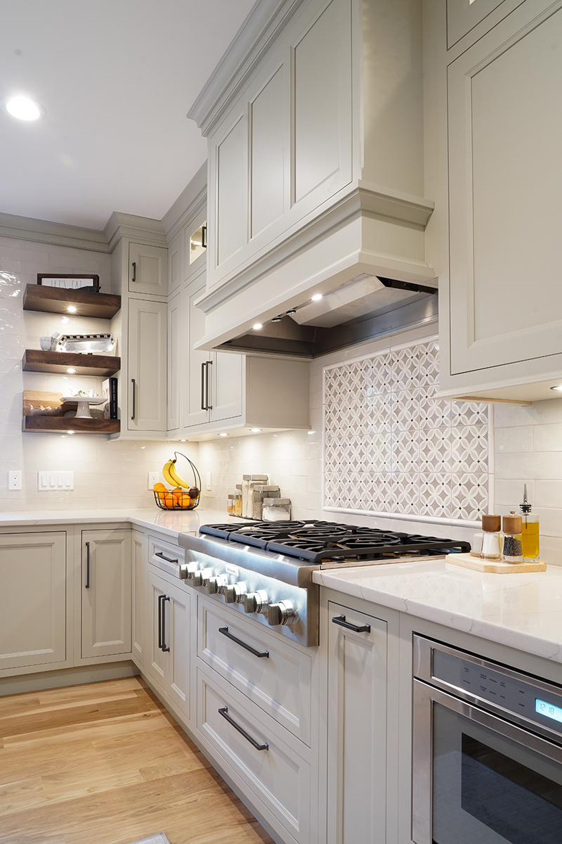 Brown stained and white kitchen cabinets