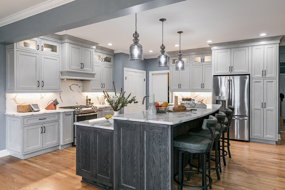 dark weathered stain and gray kitchen cabinets