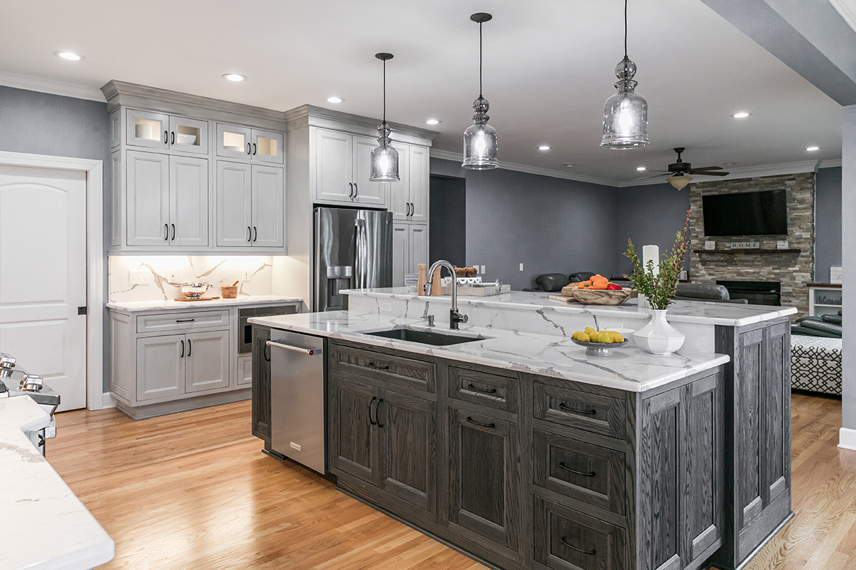 dark weathered stain and gray kitchen cabinets
