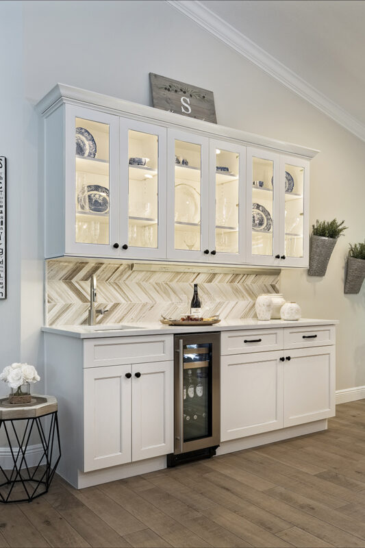 White stained kitchen cabinets