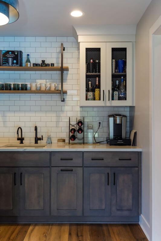 Dark stained and white bar cabinets