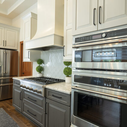 white and gray kitchen cabinets