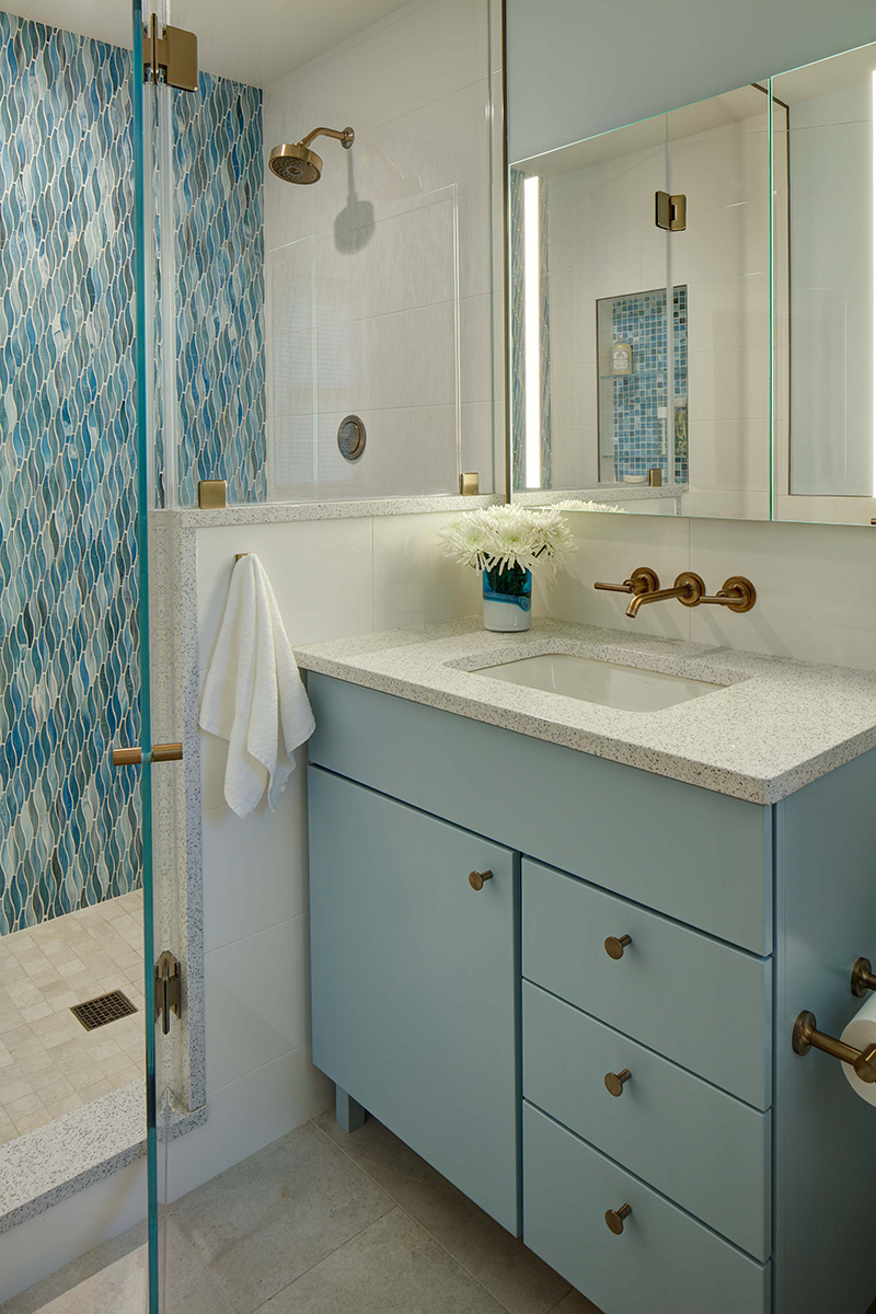 Baby Blue Cabinets in 60s Ranch Bath - Showplace Cabinetry