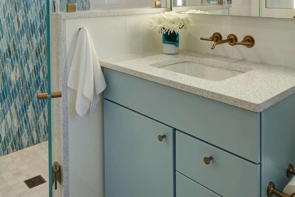 Baby Blue Cabinets in 60s Ranch Bath - Showplace Cabinetry