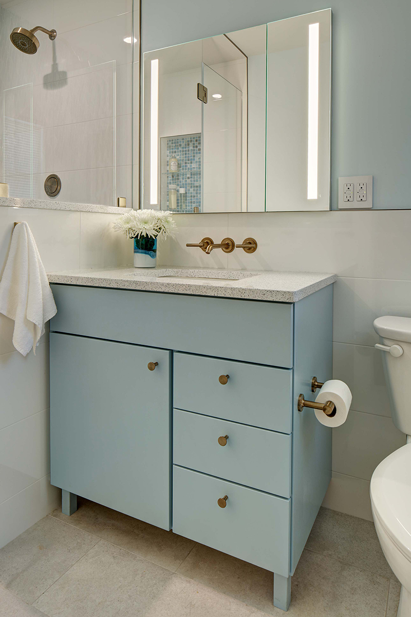 Baby Blue Cabinets in 60s Ranch Bath - Showplace Cabinetry