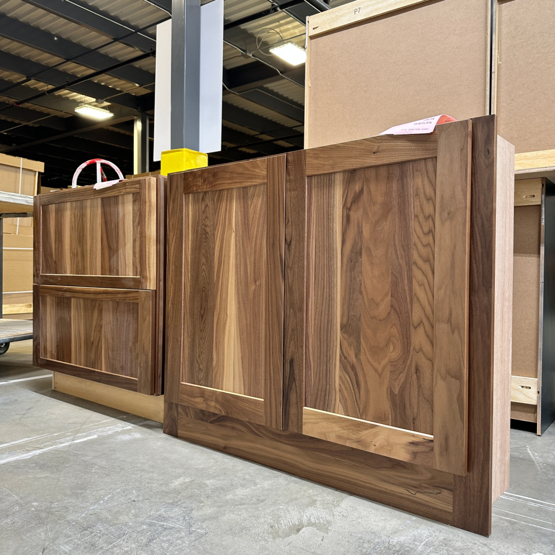 Row of natural walnut cabinets