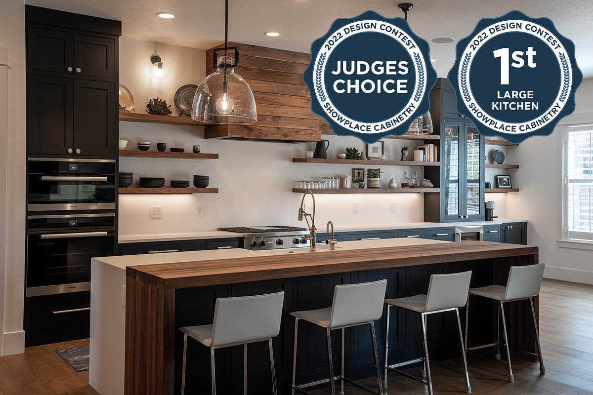 Black and Walnut featured kitchen with the 2022 design contest judges choice badge.