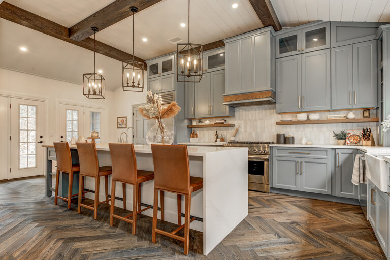 Full Overlay Gray Kitchen Cabinets With Gold Hardware