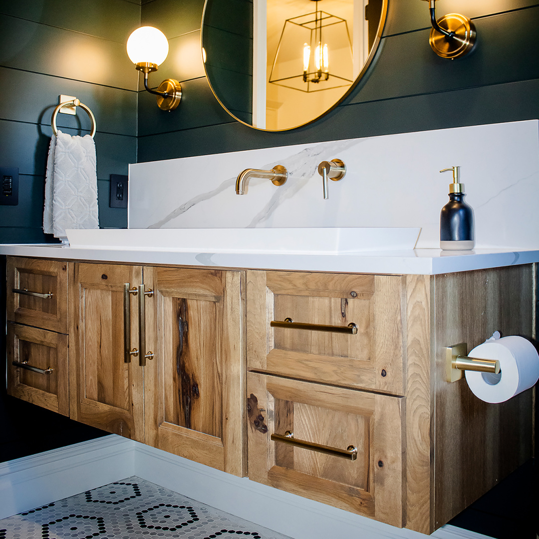 Bathroom vanity in rustic hickory