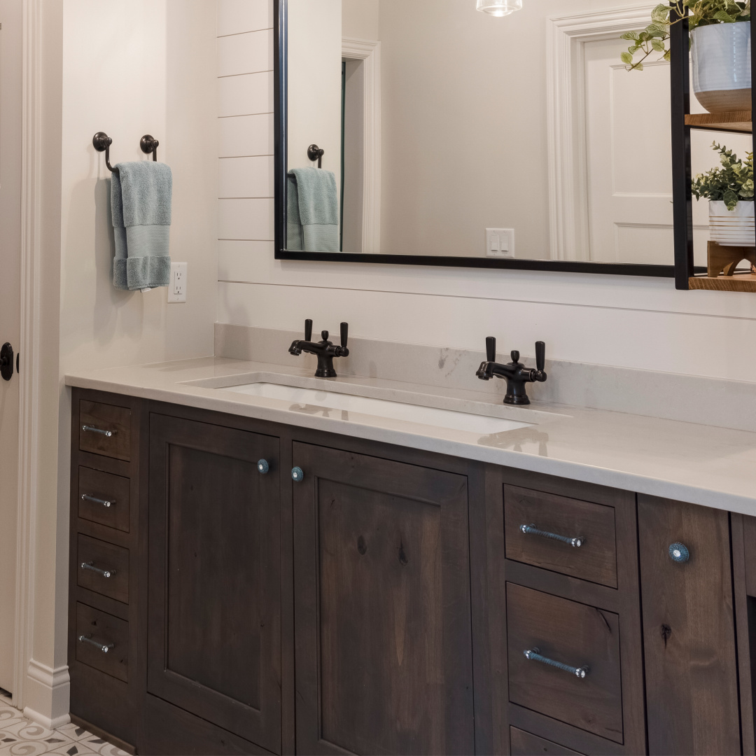 Bathroom vanity in rustic alder