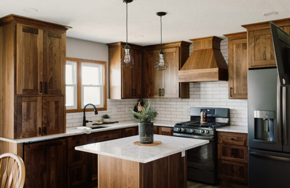 walnut cabinets with white accents in kitchen