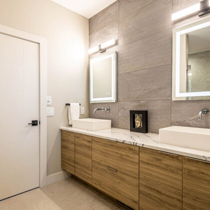 home bathroom, modern cabinets, tech ingrained mirrors
