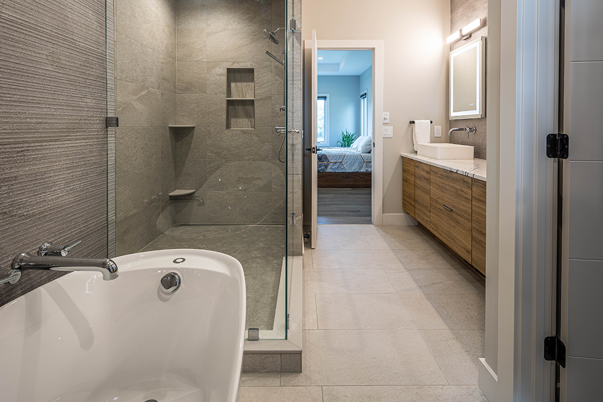modern bathroom, white tile floor and brown bathroom cabinets