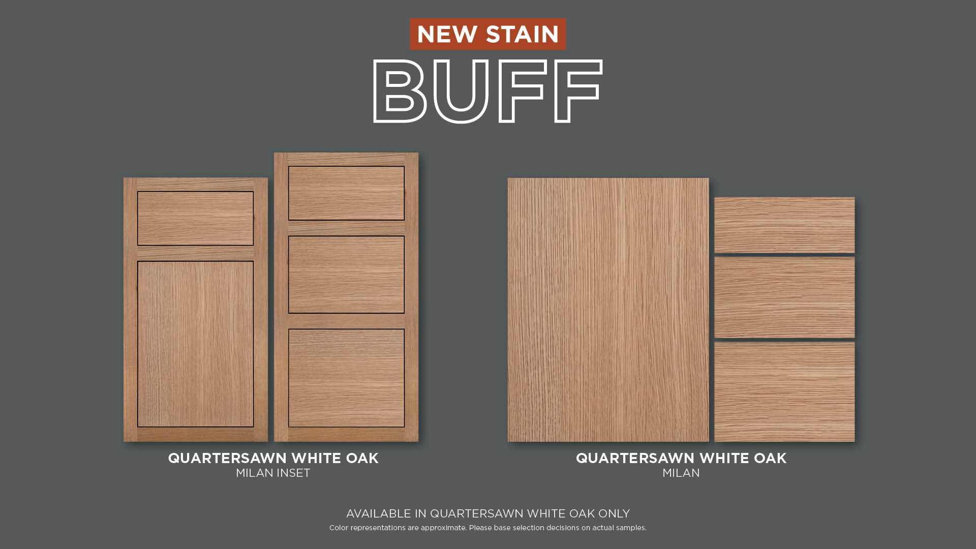 display of two cabinetry styles, showcasing white oak with milan inset, and white oak without the inset.