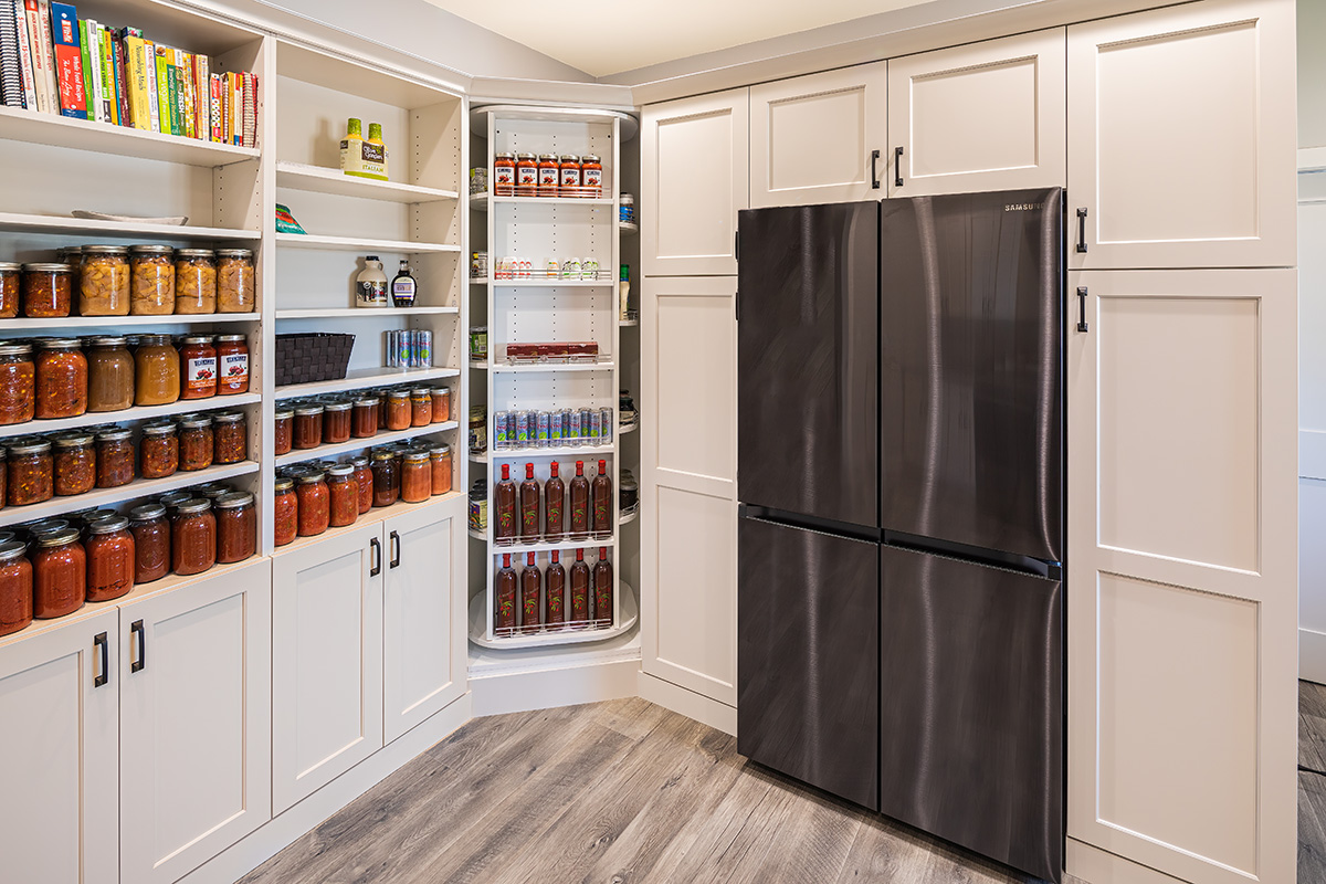 White Cabinet Kitchen Pantry with large fridge