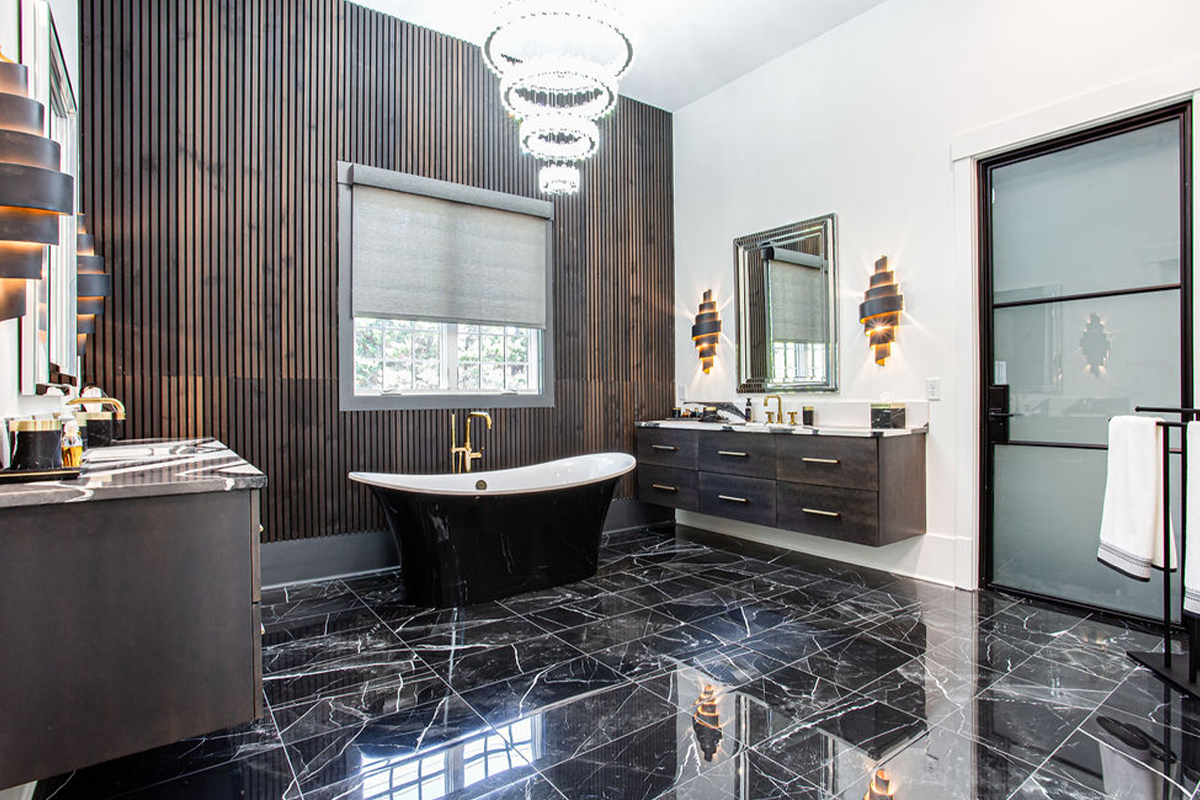 Stained master bath with floating vanities and free standing tub