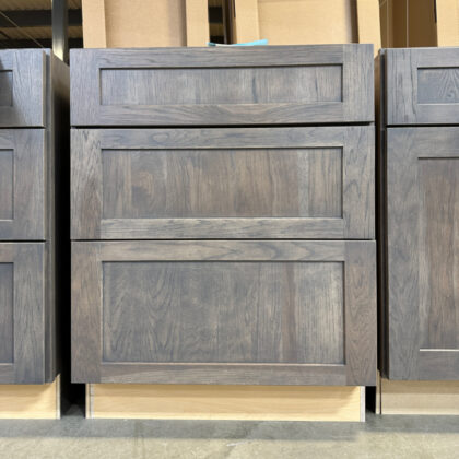 3 drawer base cabinet in hickory stained in Dusk finish