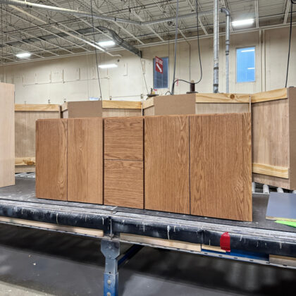 Tall floating double sink vanity in Red Oak finish with Hazelnut