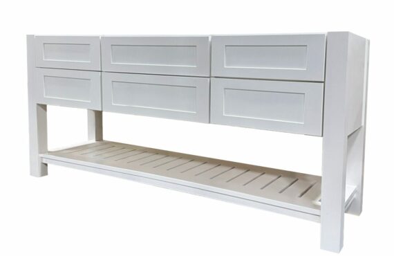 Furniture Vanity Two Sinks with Drawers - slotted shelf painted in white