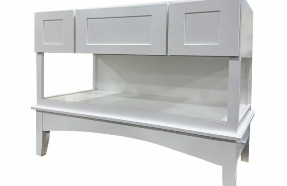 Furniture Vanity painted in white with an arched valance and feet on the bottom