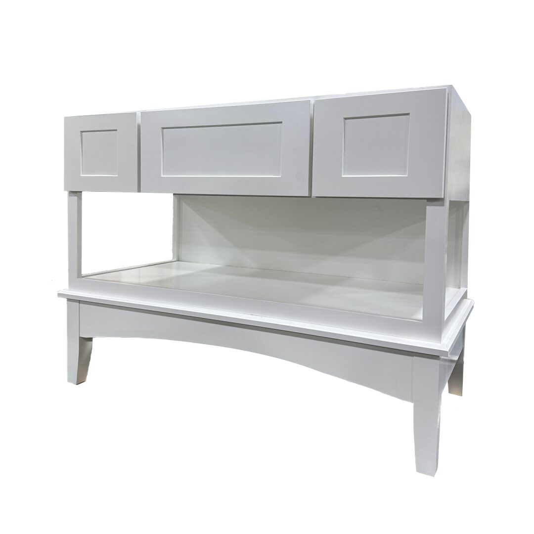 Furniture Vanity painted in white with an arched valance and feet on the bottom