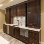 Stained home bar with sink and appliances