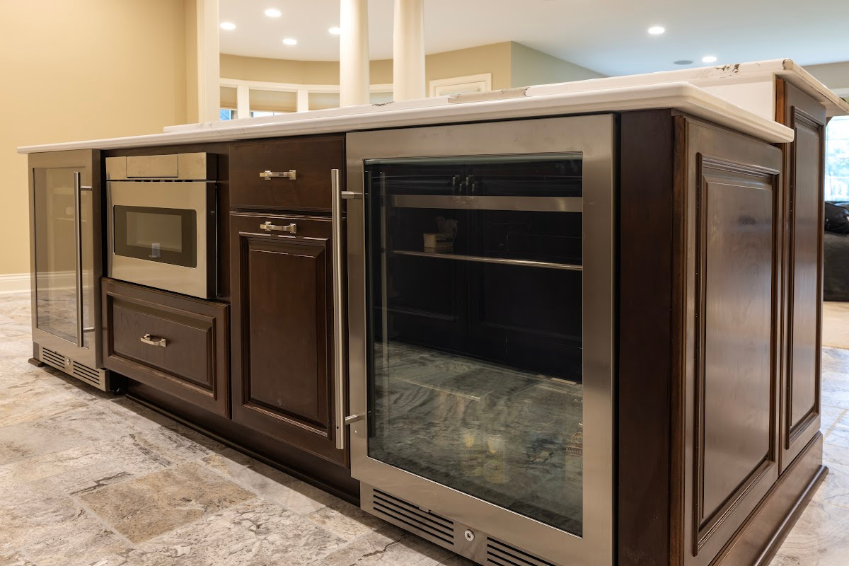 Stained home bar with wine cooler appliance