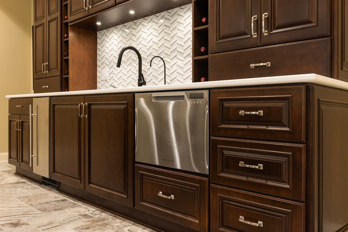 Stained home bar with sink and appliances