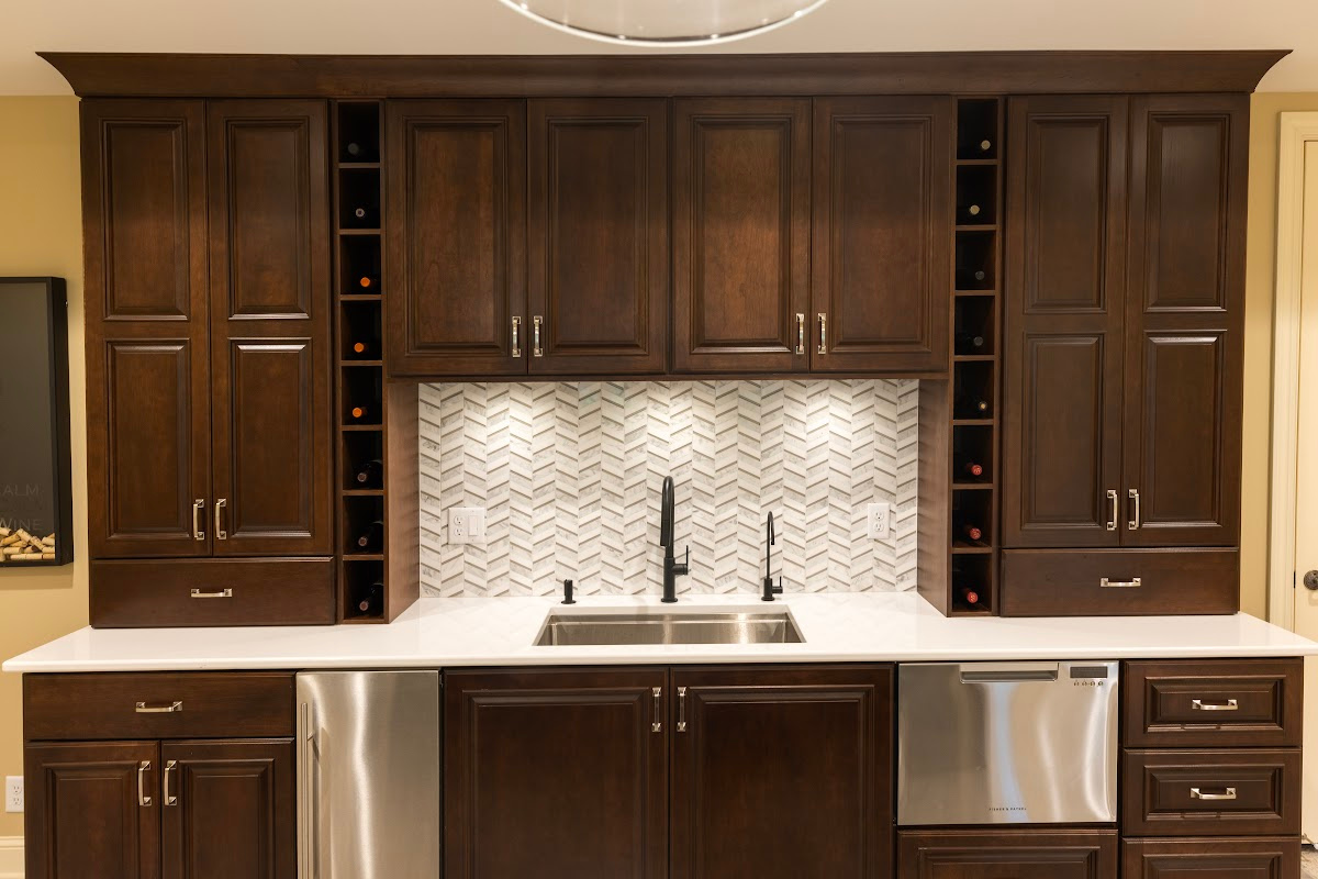 Stained home bar with sink and appliances