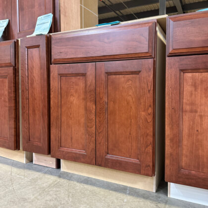 Base cabinets stained in Chestnut stain on cherry wood.