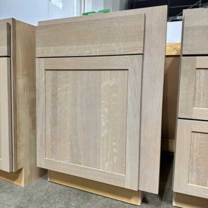 Base cabinet with a 3" extended stile on the right finished in Pampas stain on Quartersawn White Oak